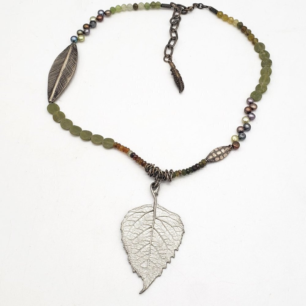 Vilmain + Klinger Pewter Leaf and Bead Necklace